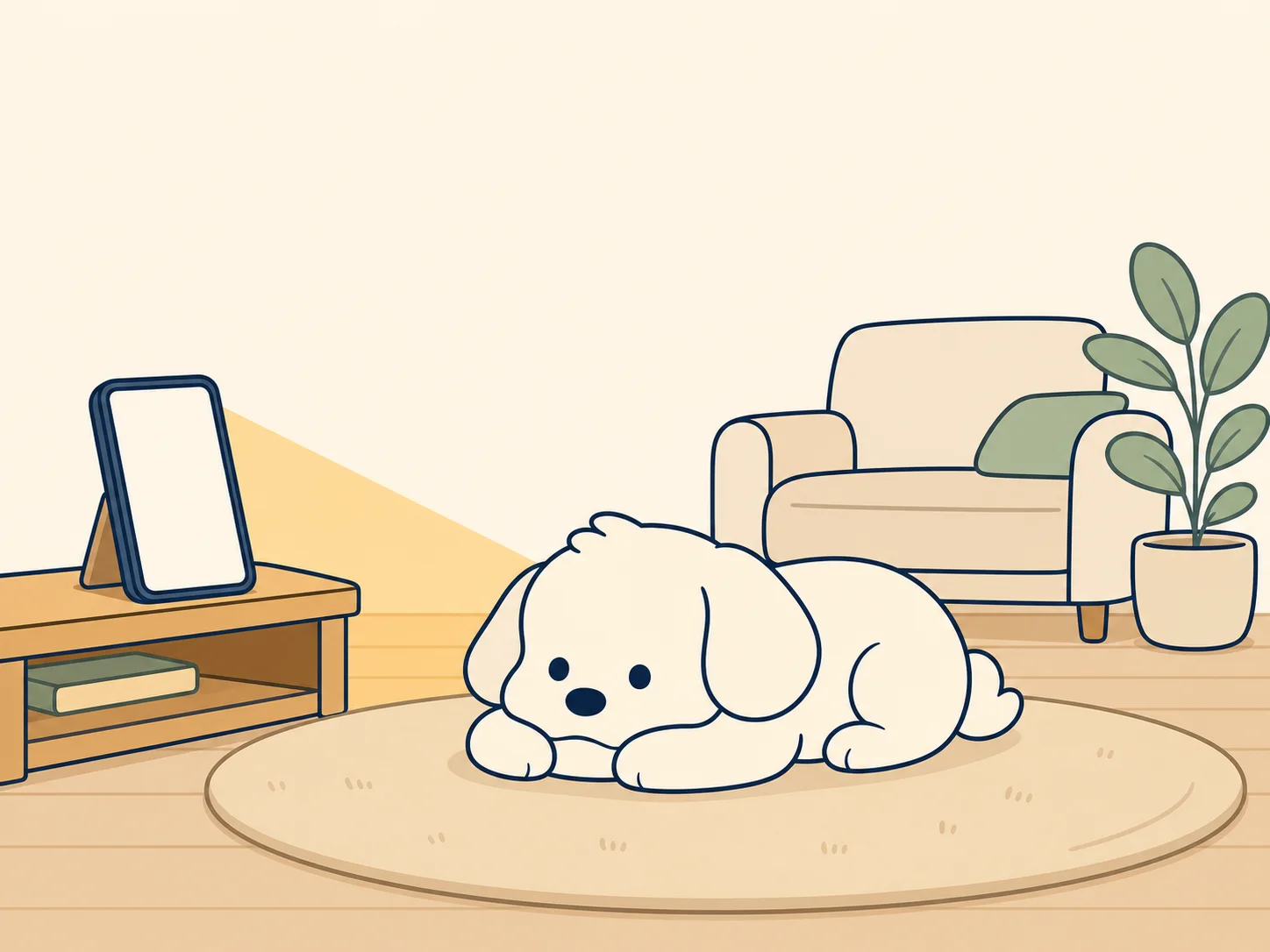 퍼피루스 앱 화면 — 거실 라이브 화면 위로 오늘 활동 그래프와 평소보다 조용하다는 신호, 챗봇 입력창이 보이는 모습